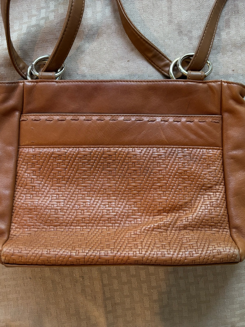 Vintage Hunt Club Tan Woven Genuine Leather 80s Boho Whipstitch purse.